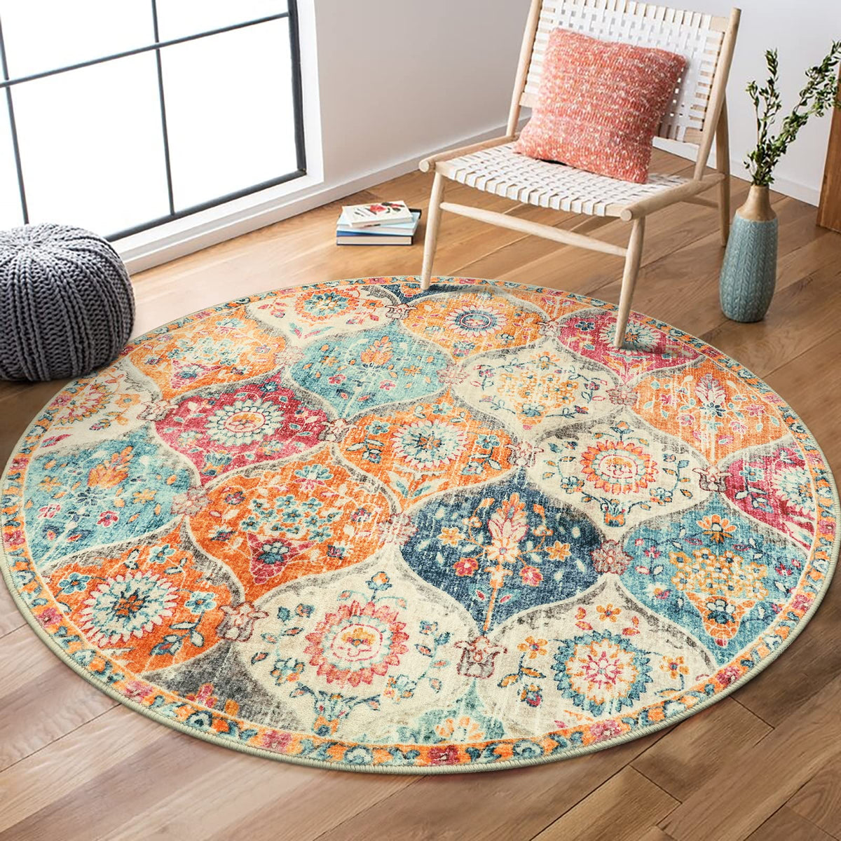 Lahome Elise burnt orange round rug with soft faux wool, ideal for cozy entryways.