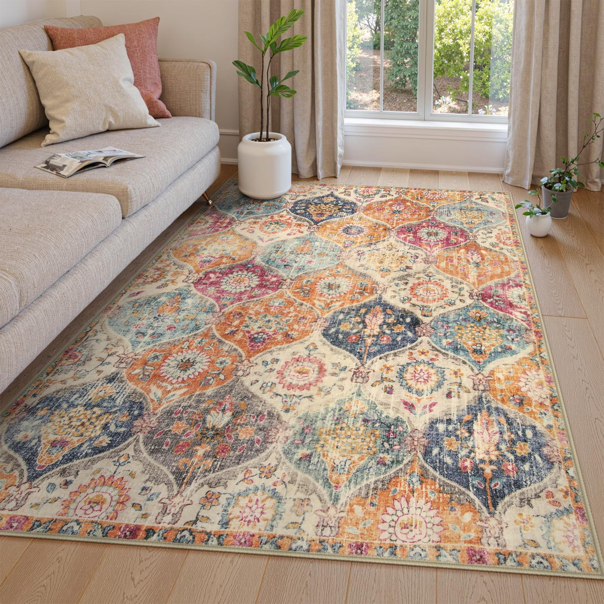 Lahome Elise cream-multi Moroccan rug with vintage pattern for small spaces.