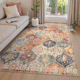 Lahome Elise cream-multi Moroccan rug with vintage pattern for small spaces.