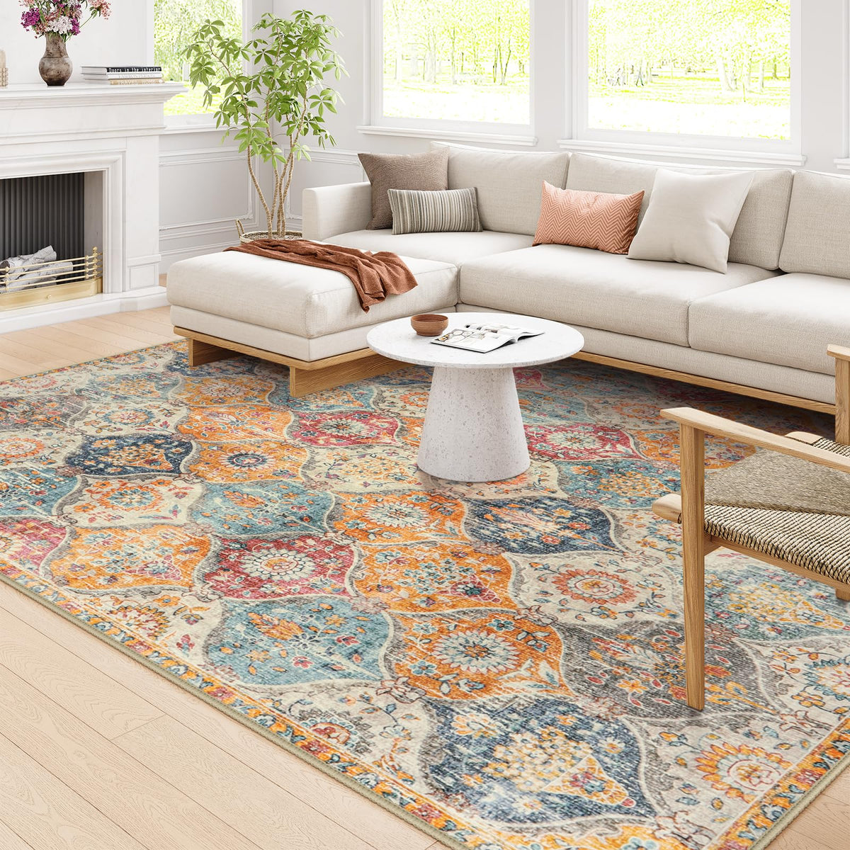 Lahome Elise cream-multi Moroccan rug adds vintage charm to a living room.