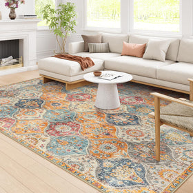 Lahome Elise cream-multi Moroccan rug adds vintage charm to a living room.