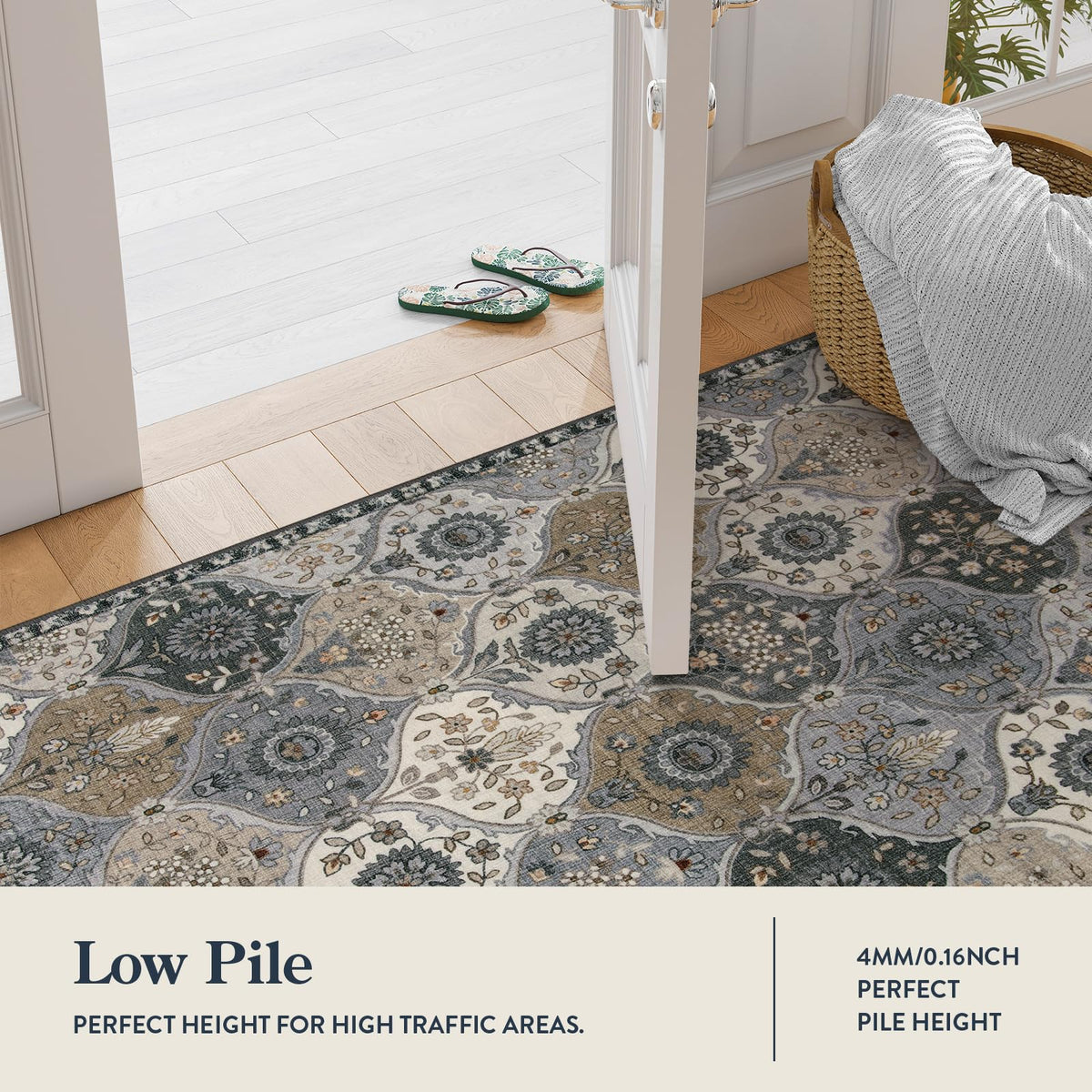 Lahome Elise grey rug close-up highlights vintage-inspired weave texture.