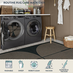 Laundry room and porch use the washable rainbow runner for busy homes.