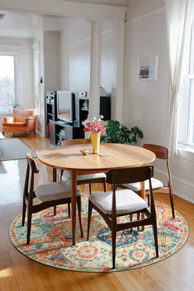 Lahome round rug suits entryways kitchens and living areas for cozy styling.