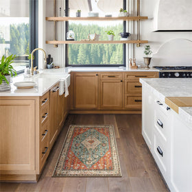 Lahome Felice entryway rug with teal center diamond for bold accent that stays put