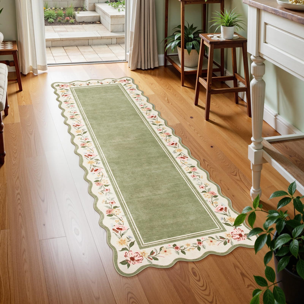 Lahome floral runner in green; kitchen-friendly stain resistance helps maintain a fresh look daily.