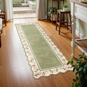 Lahome floral runner in green; kitchen-friendly stain resistance helps maintain a fresh look daily.