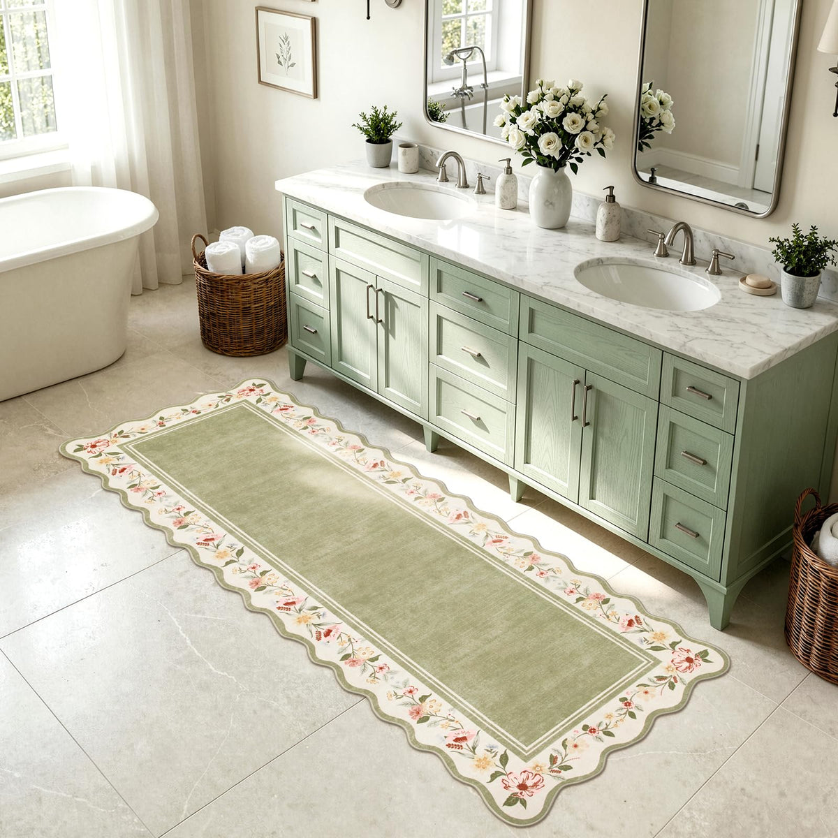 Lahome scalloped edge floral runner adds vintage charm to hallways and entryways.
