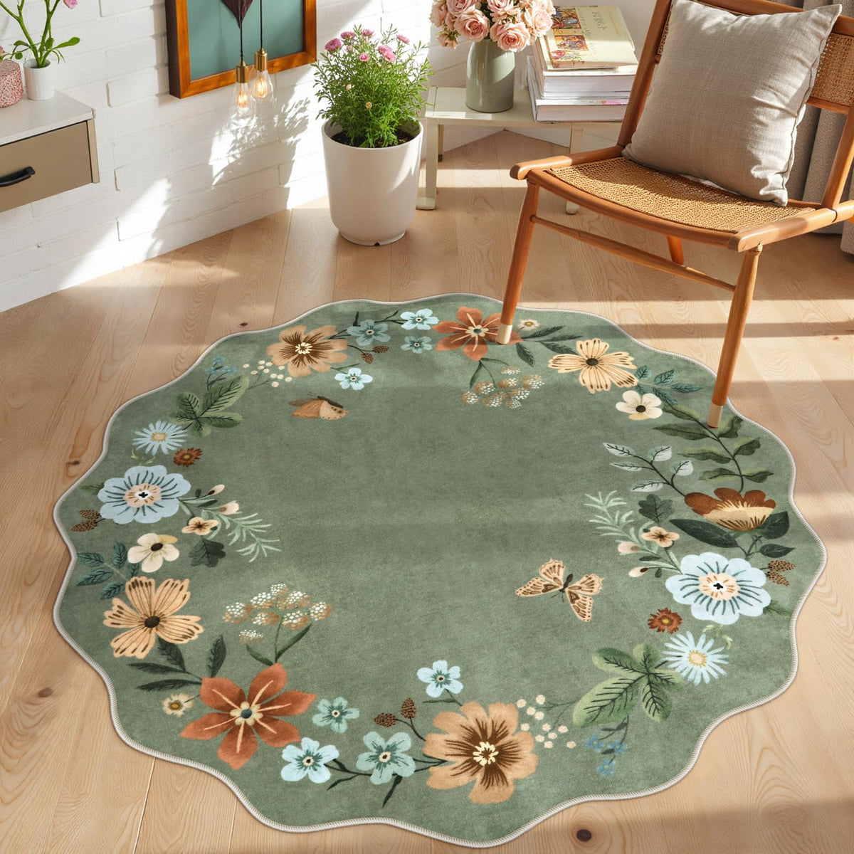 Lahome Floral Round Area Rug 2x3 shows soft, washable surface for living room cleaning.