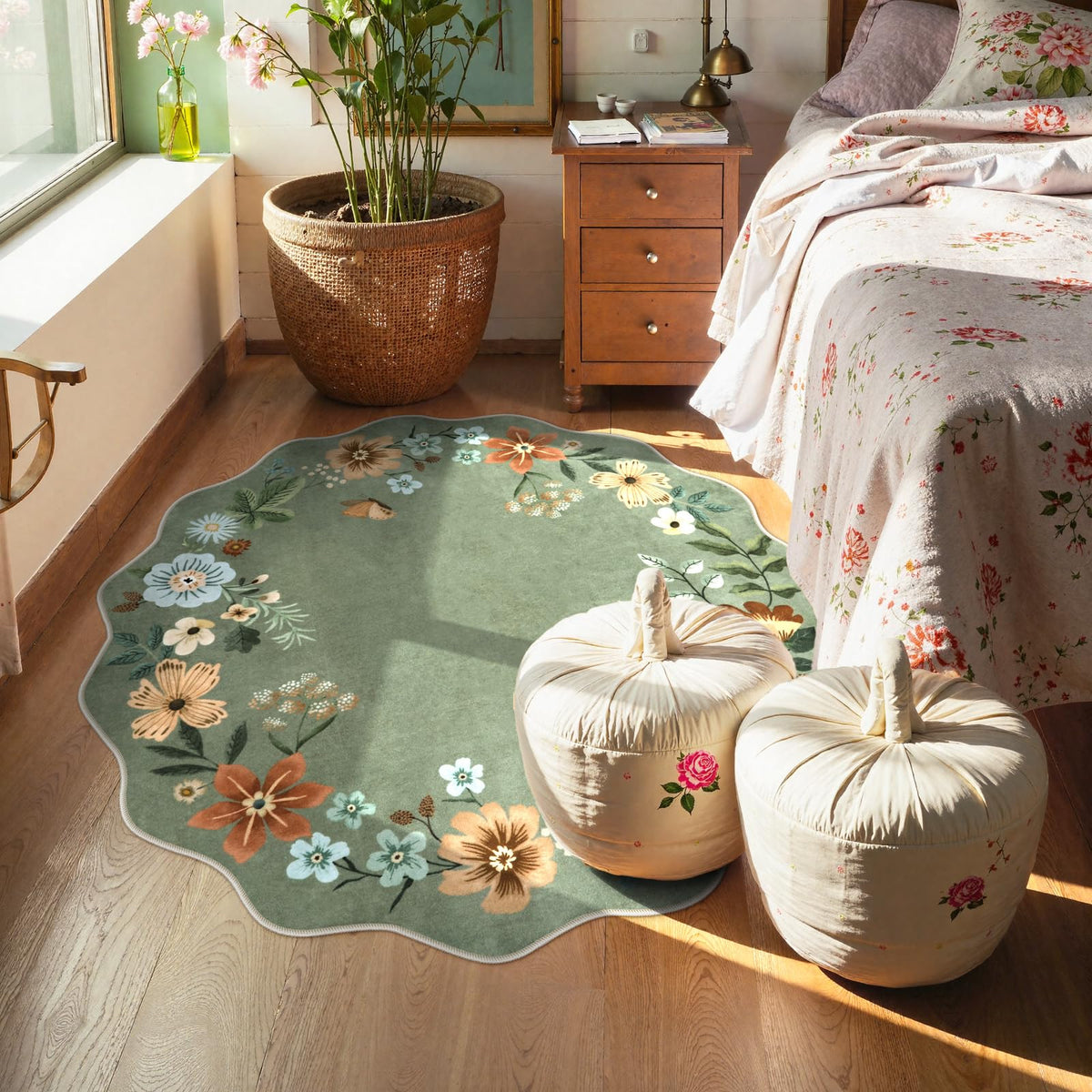 Lahome Floral Round Area Rug 4x6 features a low-pile surface for smooth foot traffic.