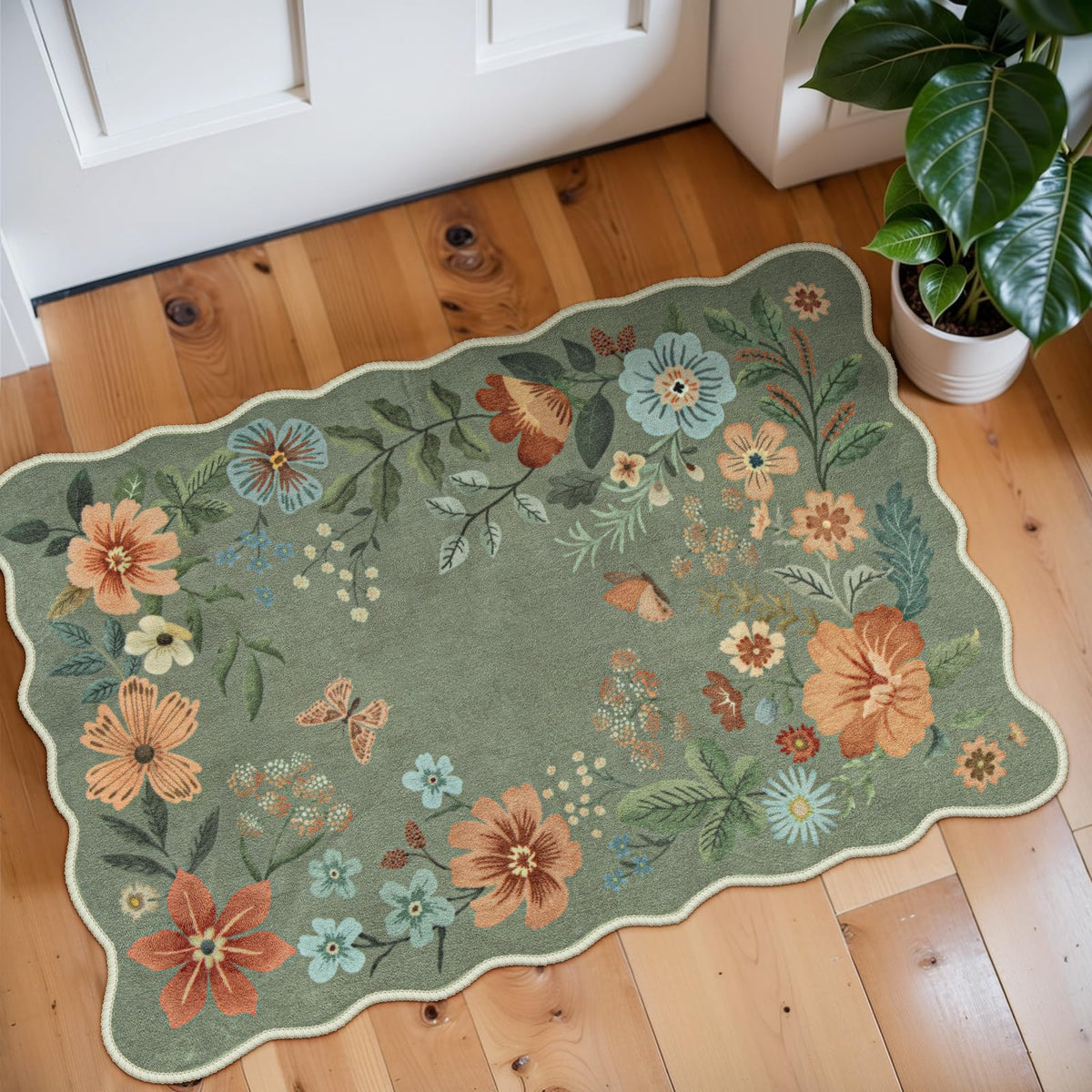 Lahome Floral Rugs entryway 2x3 green with soft floral pattern for warm welcome.