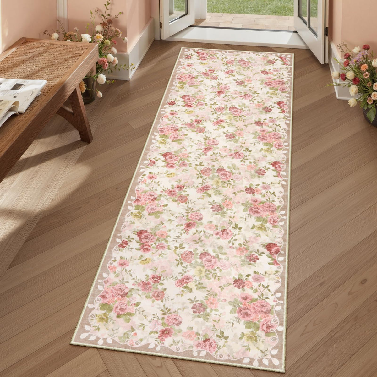 Lahome floral runner with non-slip backing for hallways, adding safety and vintage charm.