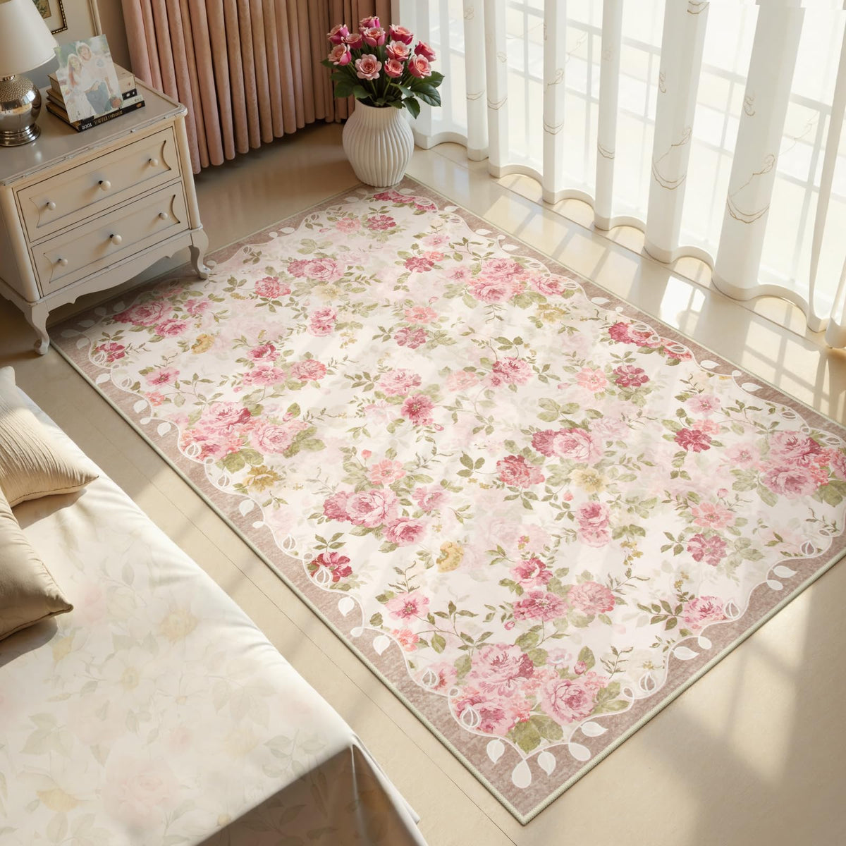 Lahome floral washable 3x5 rug for kids playroom offering cushioned play surface.