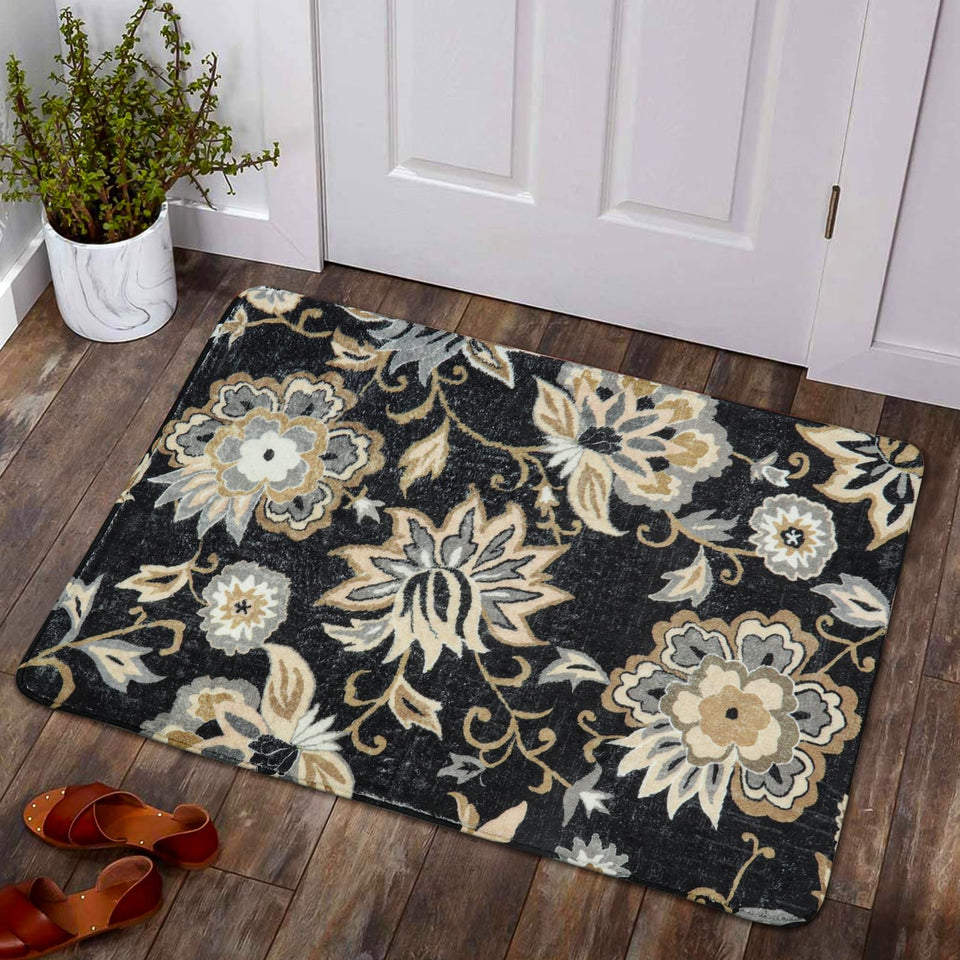 Lahome floral washable area rug 2x3 with soft black paisley design for cozy spaces