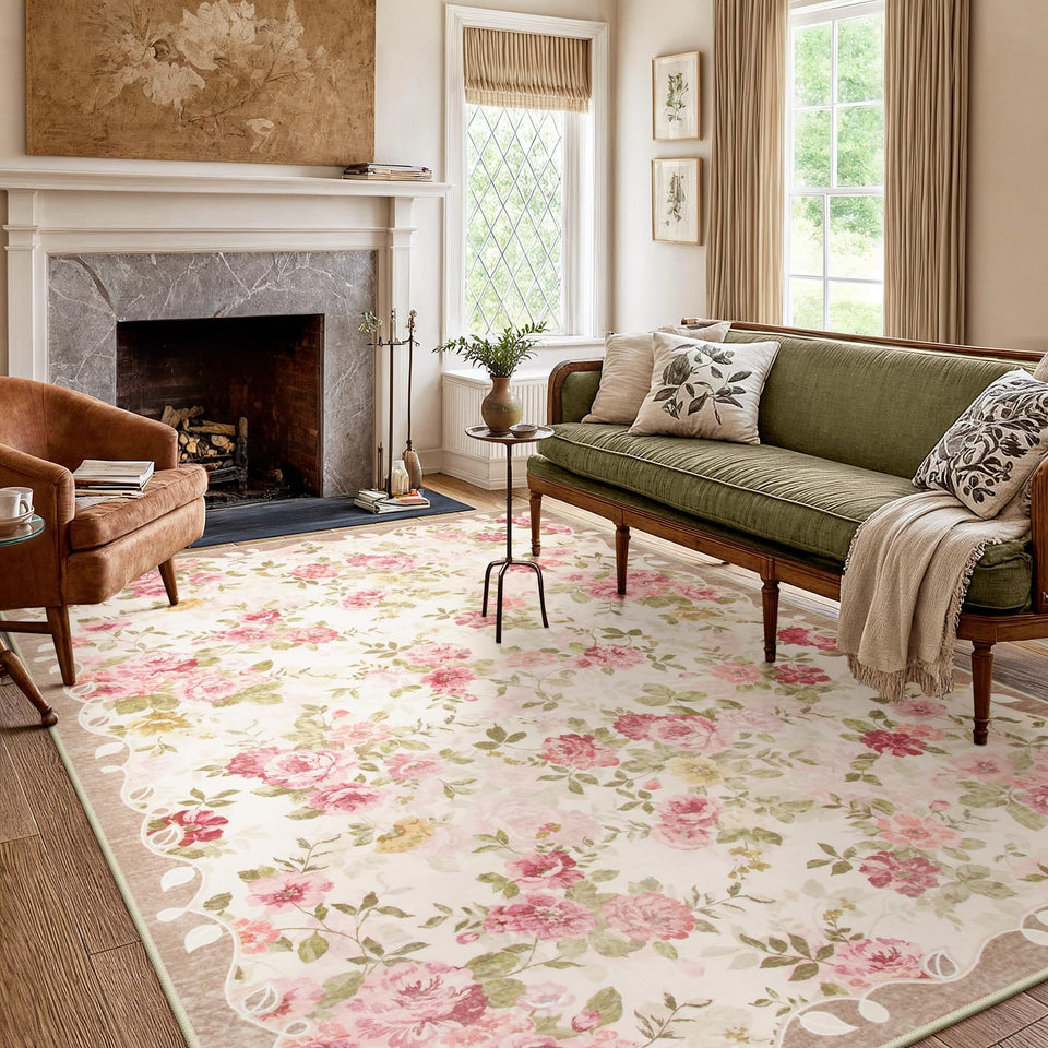 Lahome Floral Washable Rugs 5x7 pattern closeup highlighting durable, easy-care fabric for busy spaces.