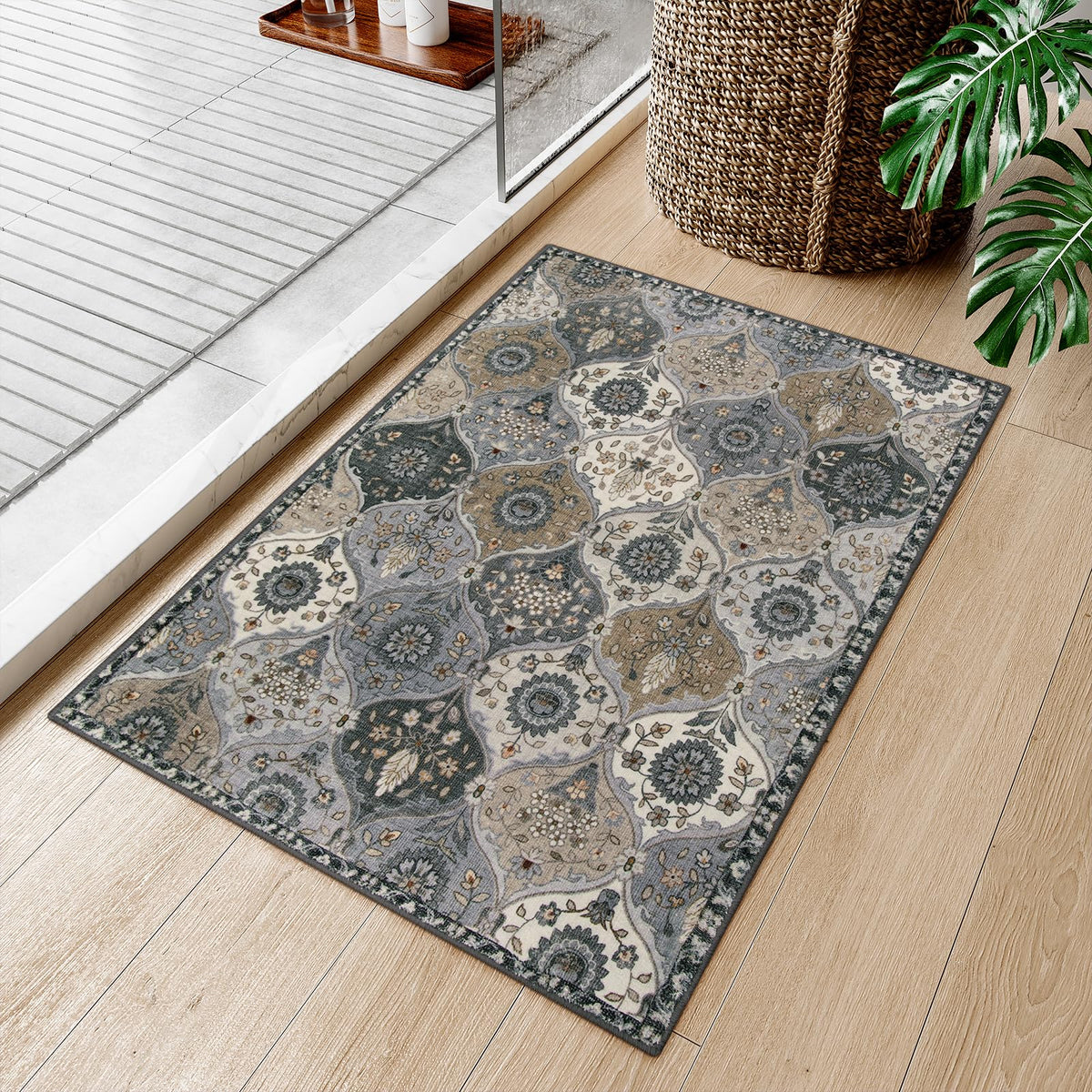 Lahome kitchen and bathroom scene demonstrating compact rug fit.