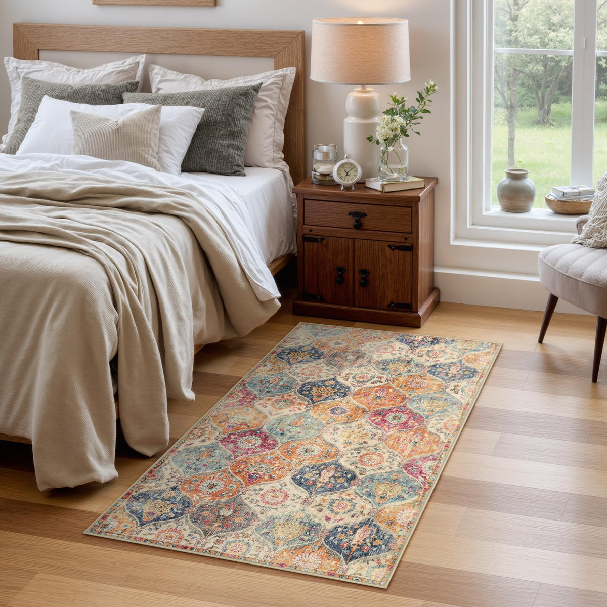 Lahome low-pile door-friendly rug glides under furniture.