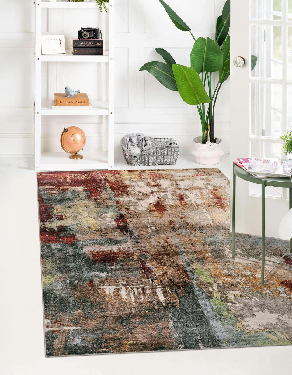 Lahome Modern Abstract 5x7 rug in a living room adds vibrant color and warmth.