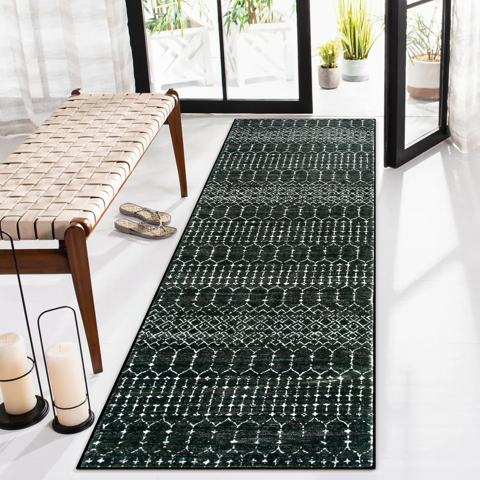 Lahome Moroccan 2x6 black runner rug with geometric print for entryways and high-traffic areas.