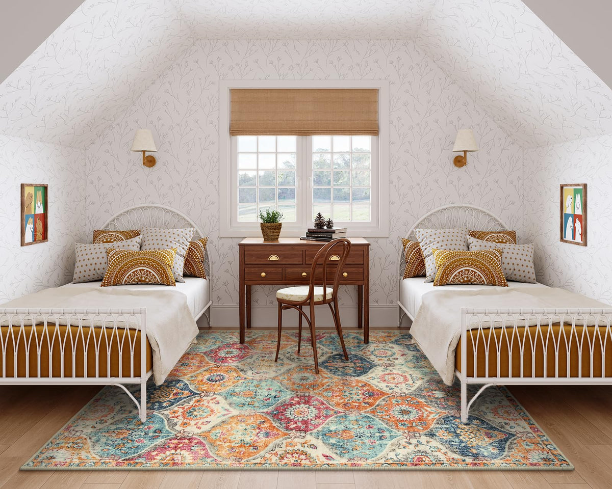 Lahome Elise Moroccan rug in dining room blends with decor and color