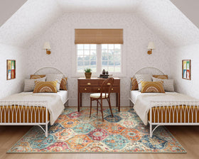 Lahome Elise Moroccan rug in dining room blends with decor and color