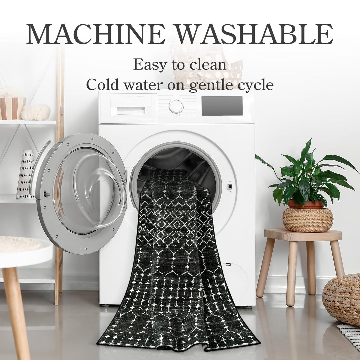 Lahome Moroccan Black Rug 2x8 non-slip back; stays in place on floors