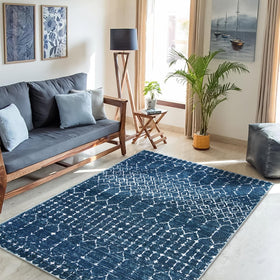 Lahome Moroccan Blue rug machine washable with cold cycle care