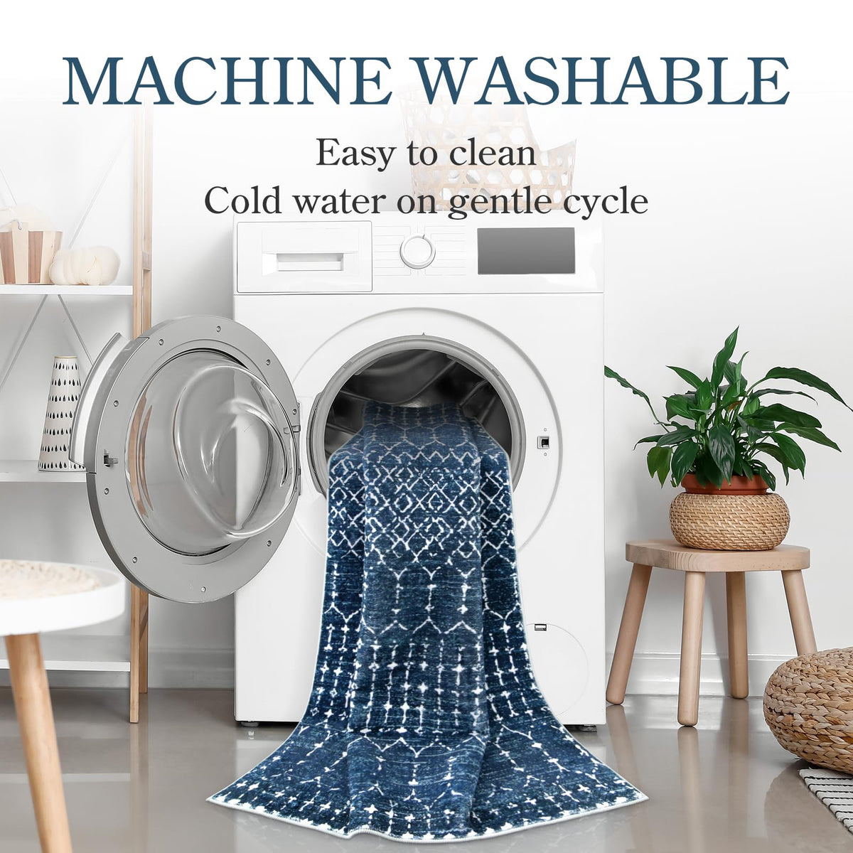 Lahome Moroccan Blue rug non-slip back on hardwood floors for secure placement