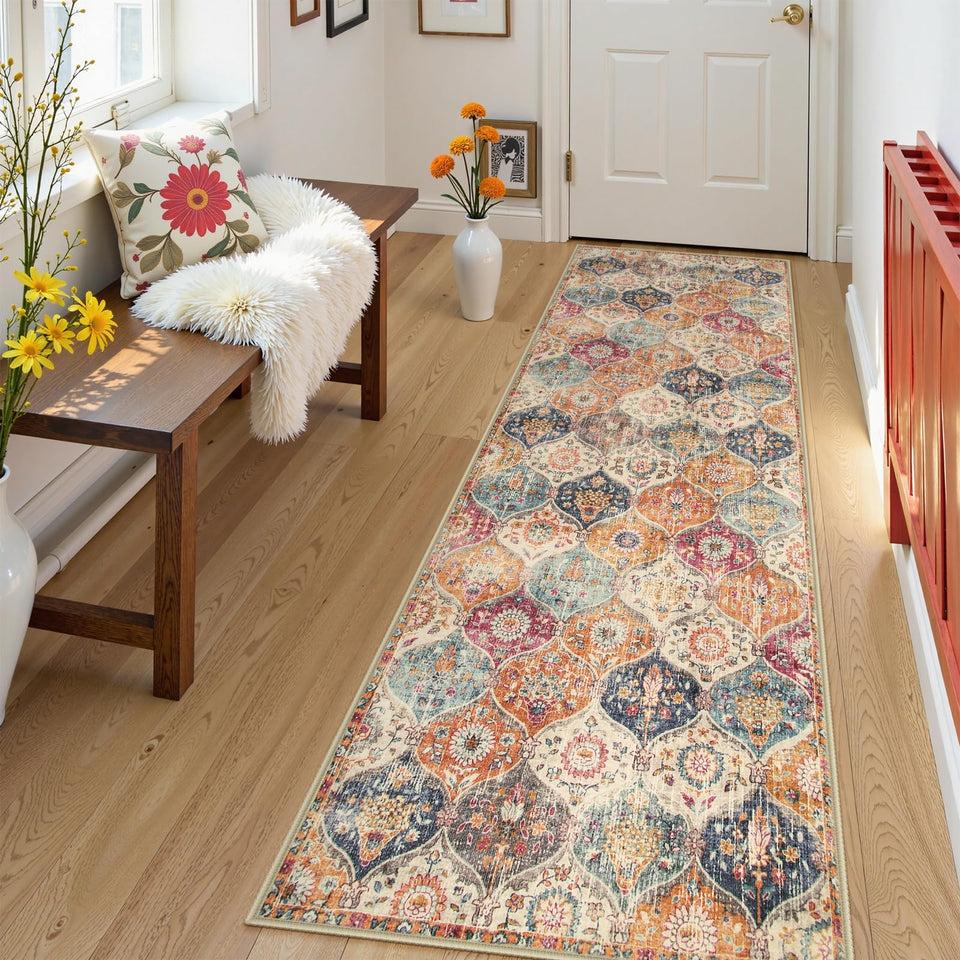 Lahome Moroccan Hallway Runner in Cream-Multi with soft fibers for busy entryways.