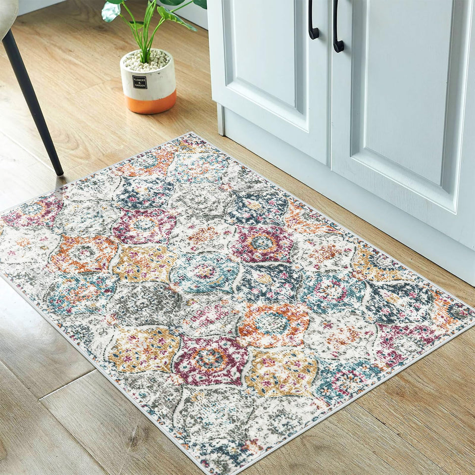 Lahome Moroccan Trellis Entryway Rug in aqua offers stylish non-slip entryway coverage