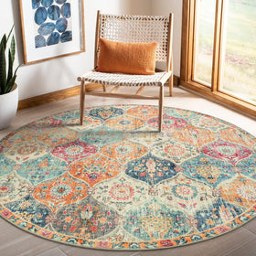 Lahome Moroccan Trellis round rug 6ft in hero view; vintage pattern for living rooms.