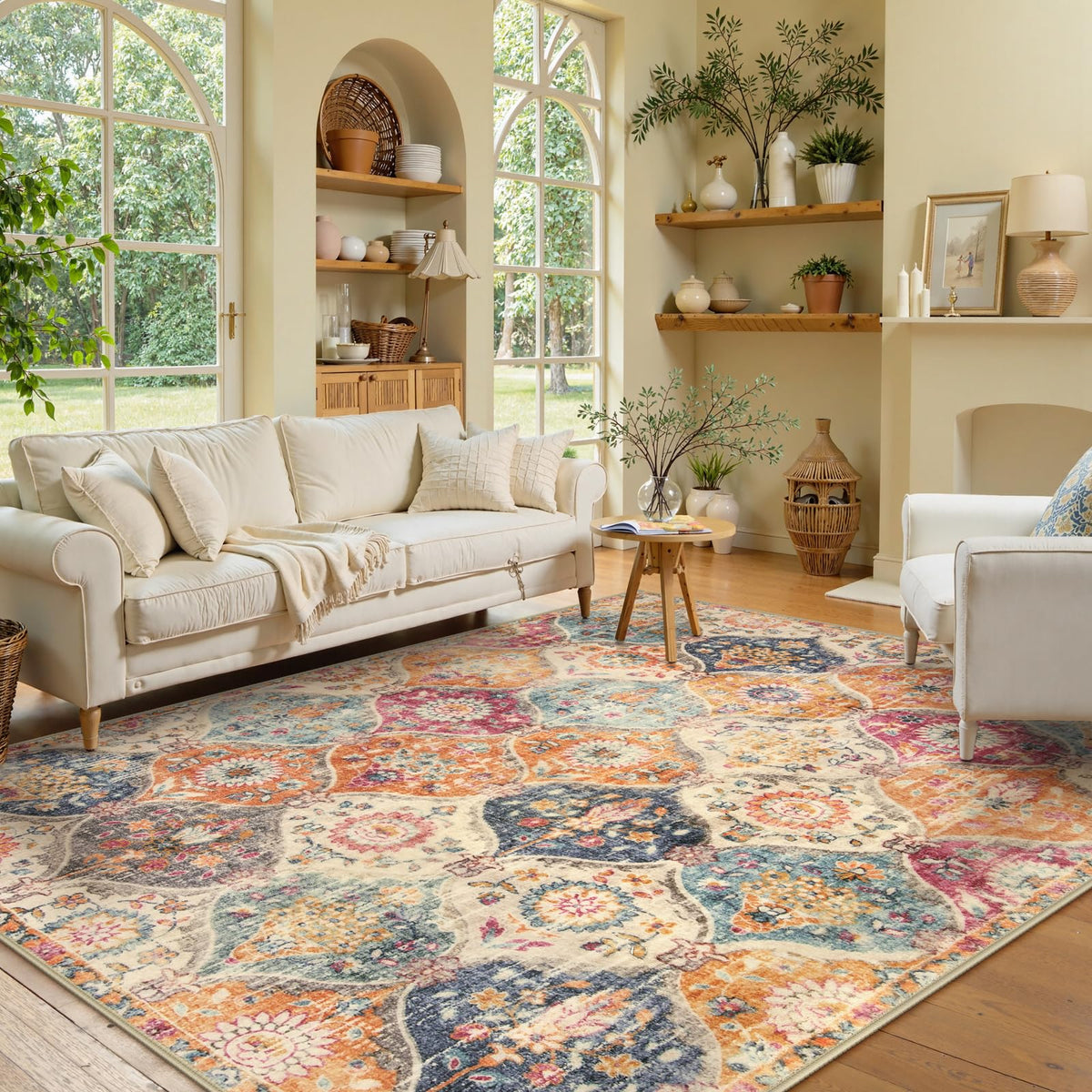 Lahome Moroccan Trellis rug low pile fits under furniture and allows easy robot vacuum movement.