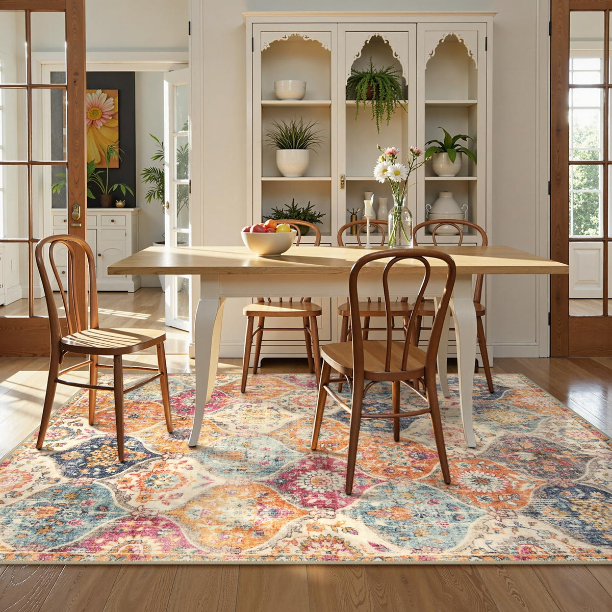 Lahome Moroccan Trellis rug with non-slip backing on clean floors for added stability.