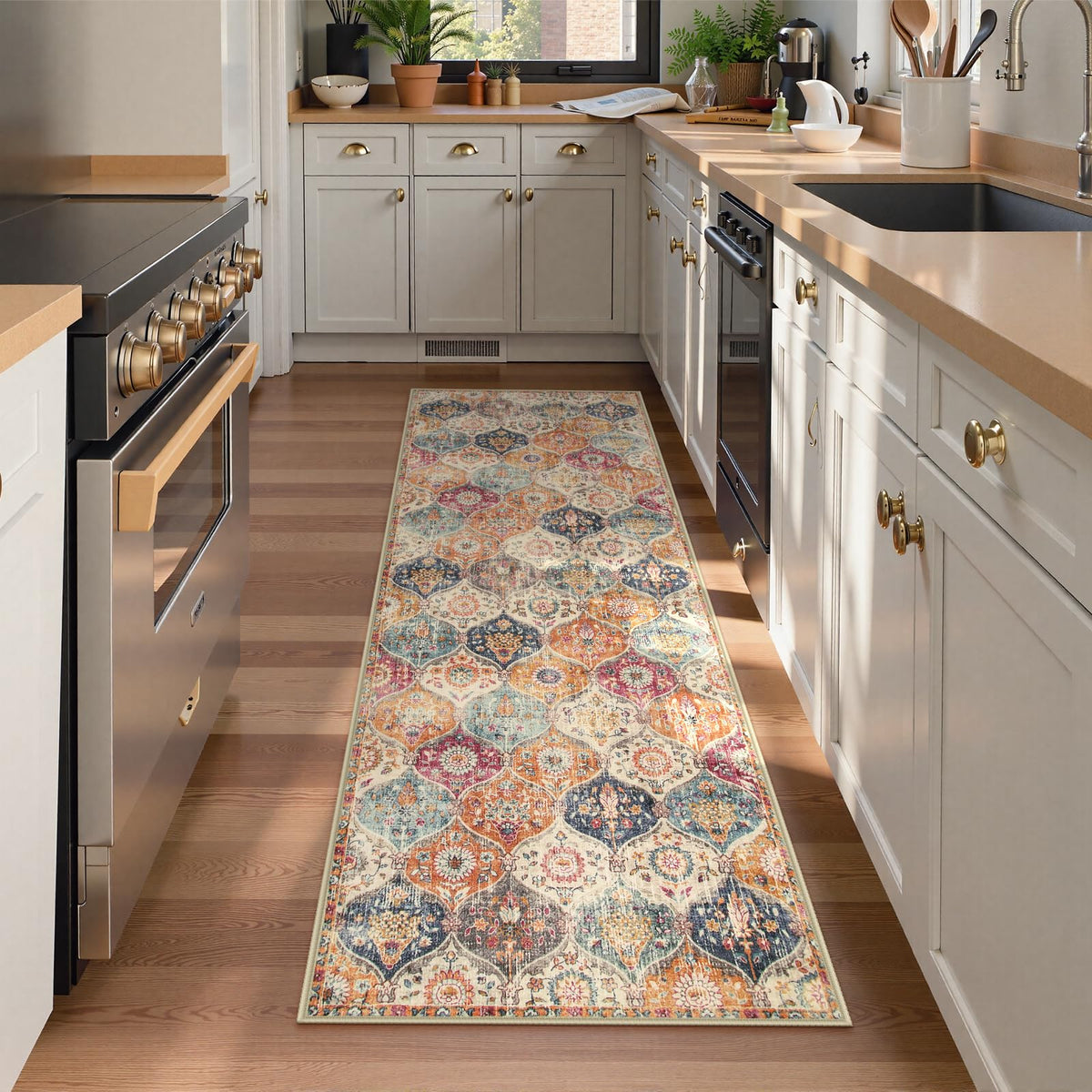 Lahome Moroccan Trellis Runner 2x6 with non-slip backing on floors.