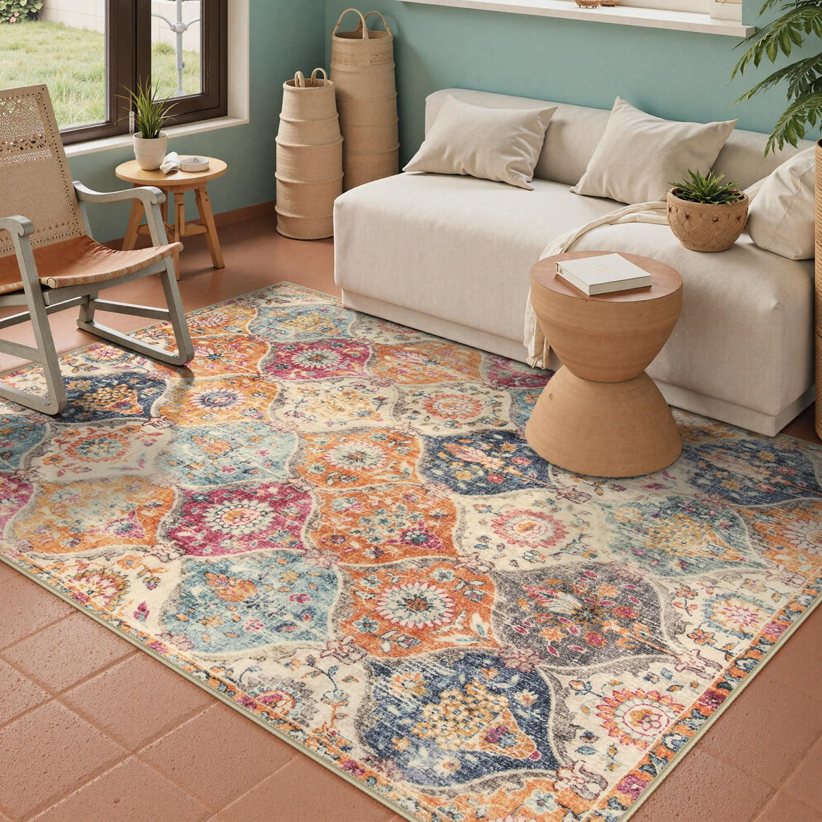 Lahome Moroccan Trellis rug side view displays cream multi compact fit for small spaces