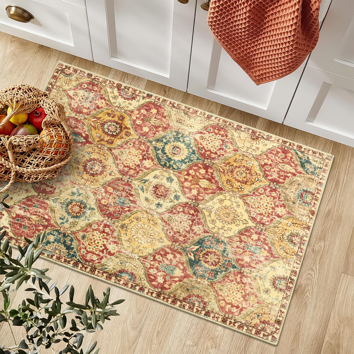 Lahome Moroccan Trellis Rug dining area; slim profile under chairs.