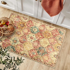Lahome Moroccan Trellis Rug dining area; slim profile under chairs.