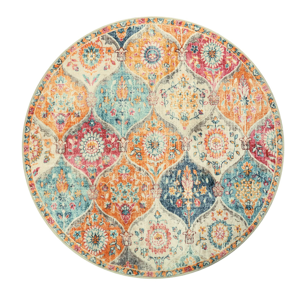 Lahome Moroccan washable circle rug 4ft improves small spaces with warm vintage charm.