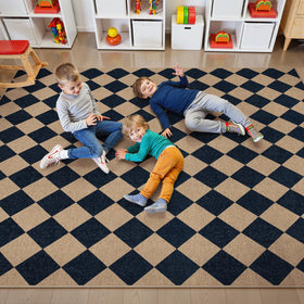 Lahome neutral-toned checkered rug blends with farmhouse interiors.