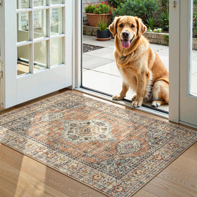 Lahome Oriental rug door mat with non-slip backing stays in place.