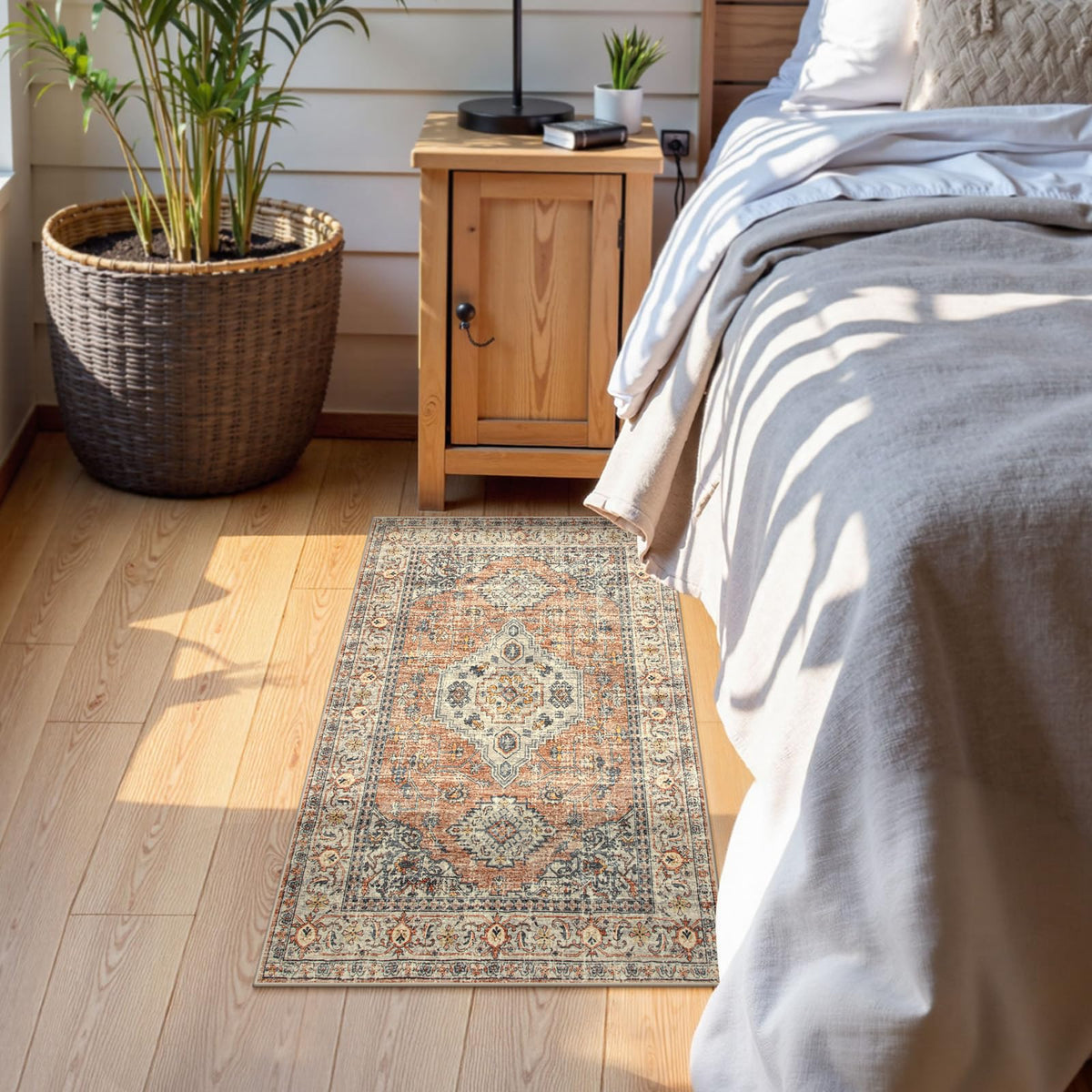 Lahome ultra-thin oriental rug fits under furniture without tripping hazards.