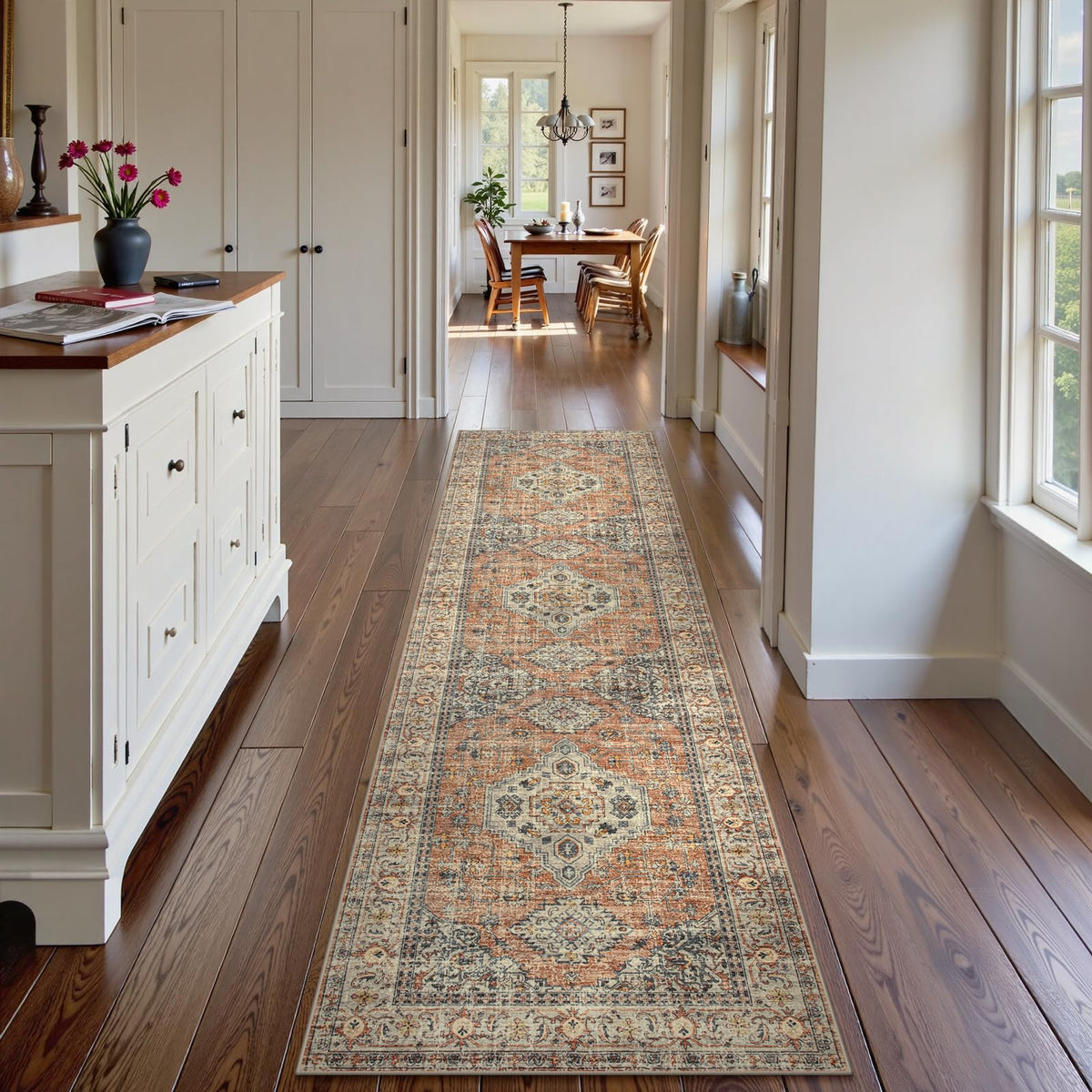 Lahome hallway runner features non-slip backing for safety in busy areas.