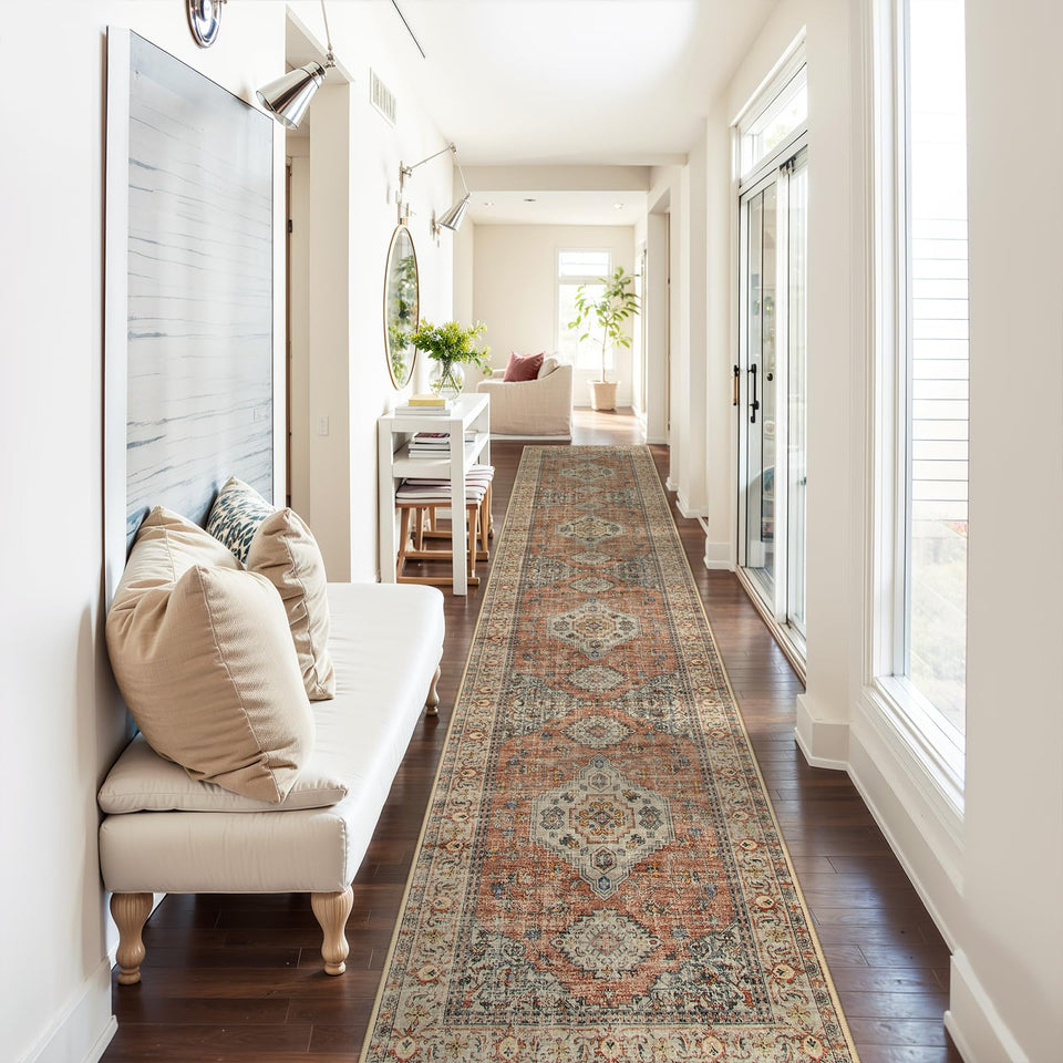Lahome Oriental Kitchen Runner hallway view highlights durable, easy-care design.