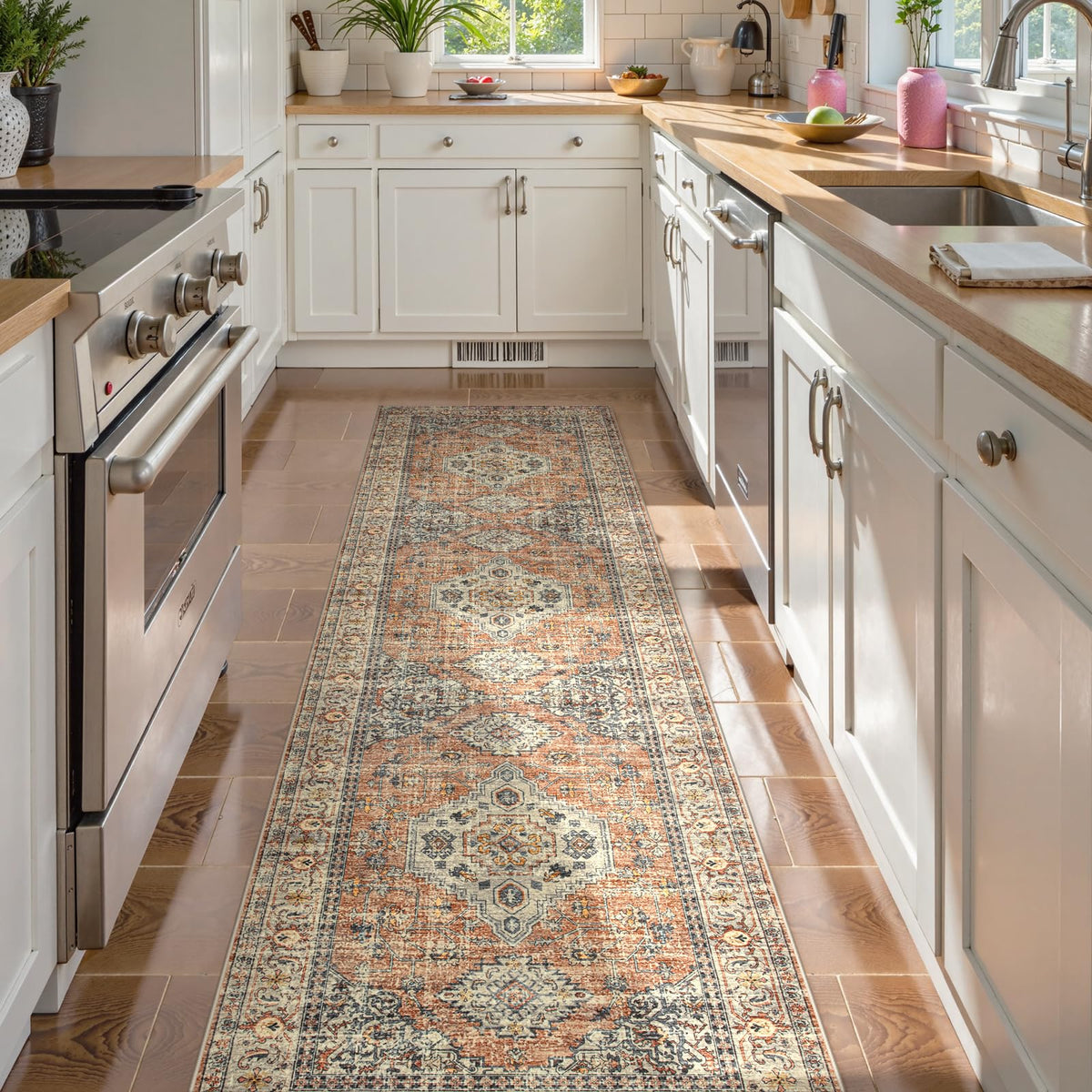 Lahome Oriental Kitchen Runner Peach Orange close-up soft texture