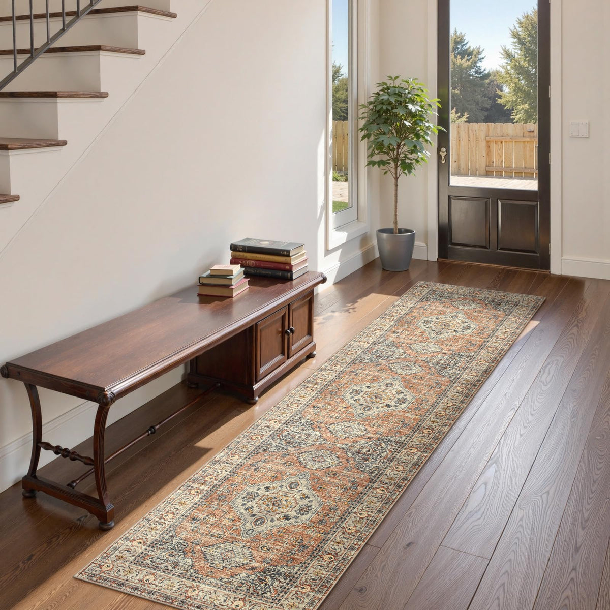 Lahome Oriental Kitchen Runner Peach Orange with non-slip backing for secure placement