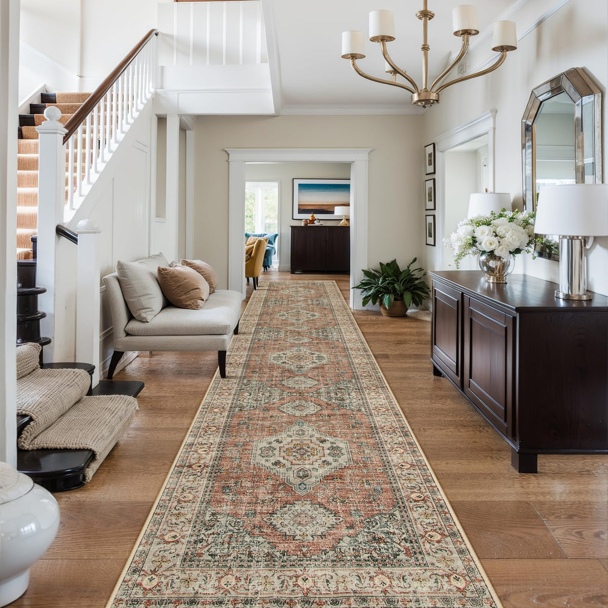 Lahome Oriental Kitchen Runner Peach/Orange pattern brightens entryways.