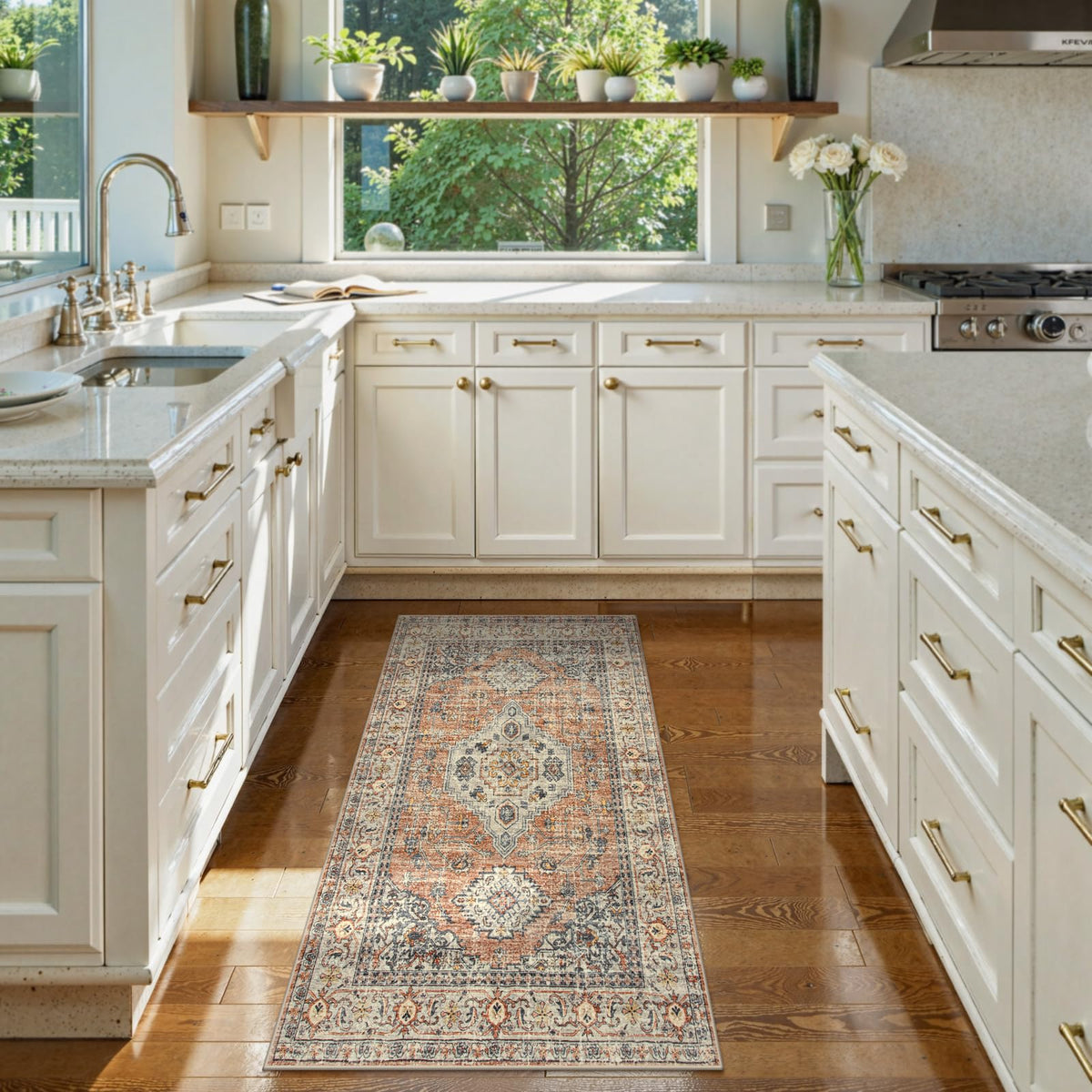 Lahome Oriental 2x4 kitchen rug showing stain resistance in busy spaces