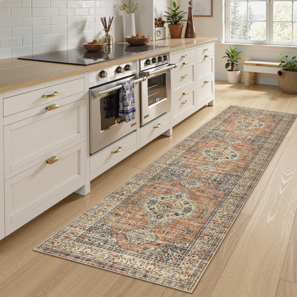 Lahome oriental washable kitchen runner rug 2x8 in peach-orange shows easy care for busy homes.