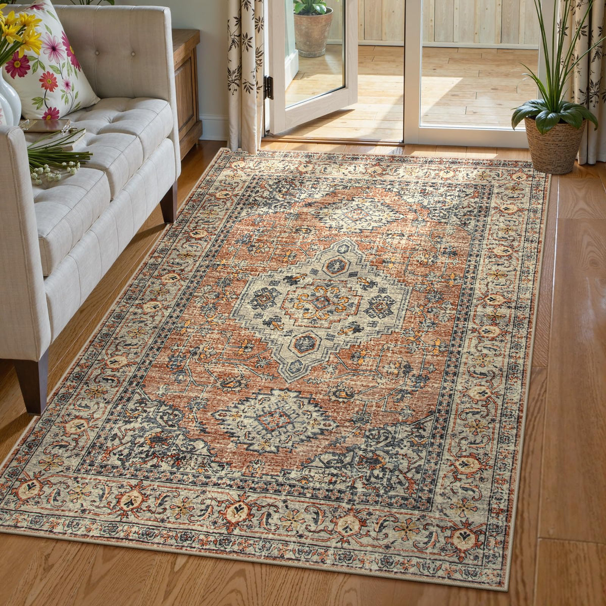 Lahome Oriental Washable Rug 3x5 bedroom with soft-touch feel for barefoot comfort.