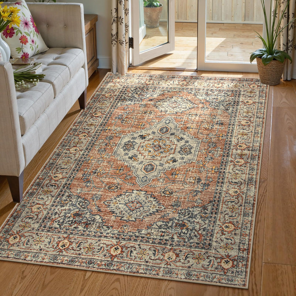 Lahome Oriental Washable Rug 3x5 bedroom with soft-touch feel for barefoot comfort.